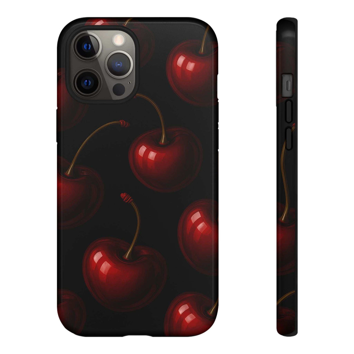 Glossy phone case with red cherry pattern on dark background; camera module outlined