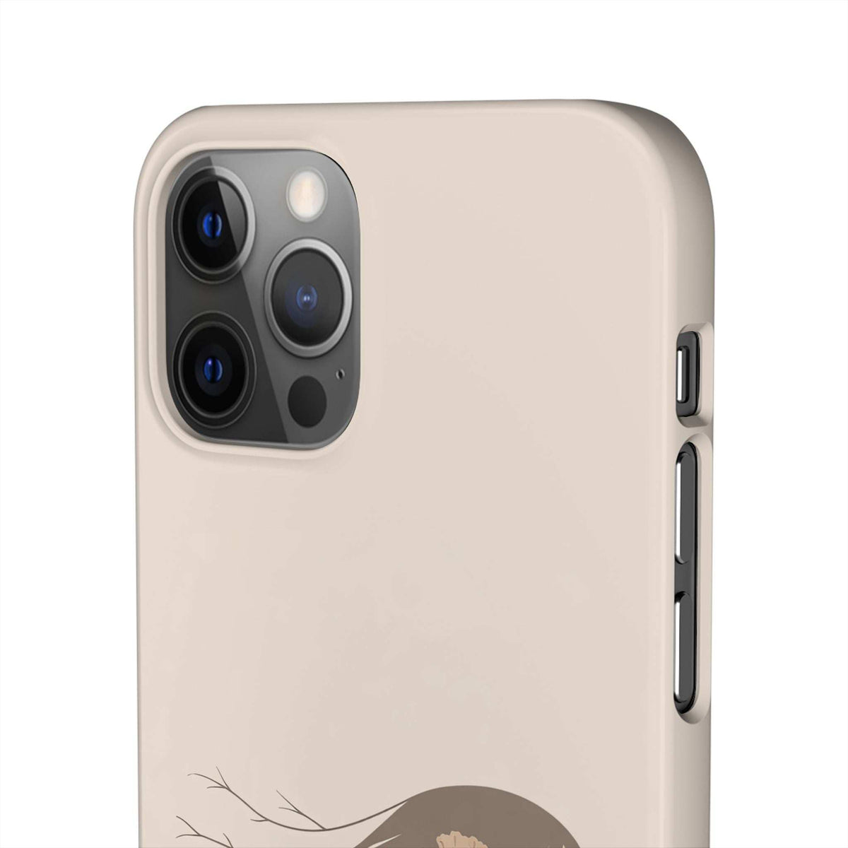Beige phone case with gray camera panel and side button openings