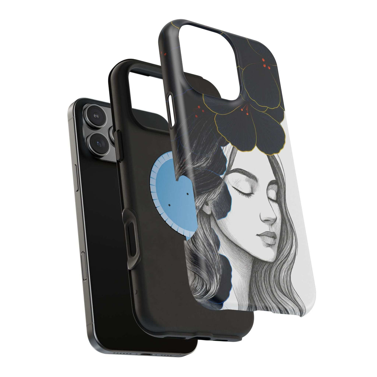 Dark floral phone case angled view; woman portrait with navy flowers and heart-shaped cutout