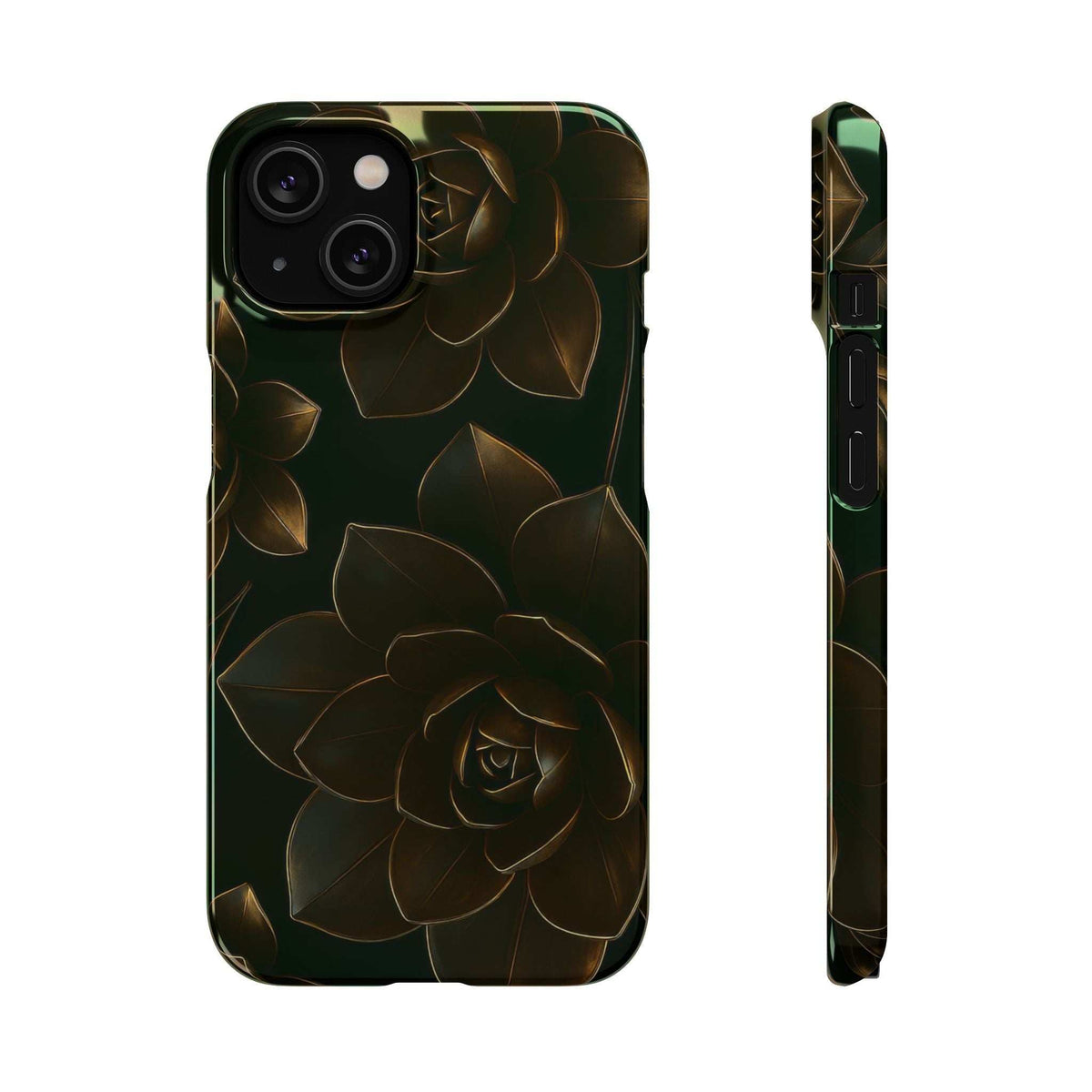 Glossy black phone case with gold rose and leaf metal-flower print, front-side view