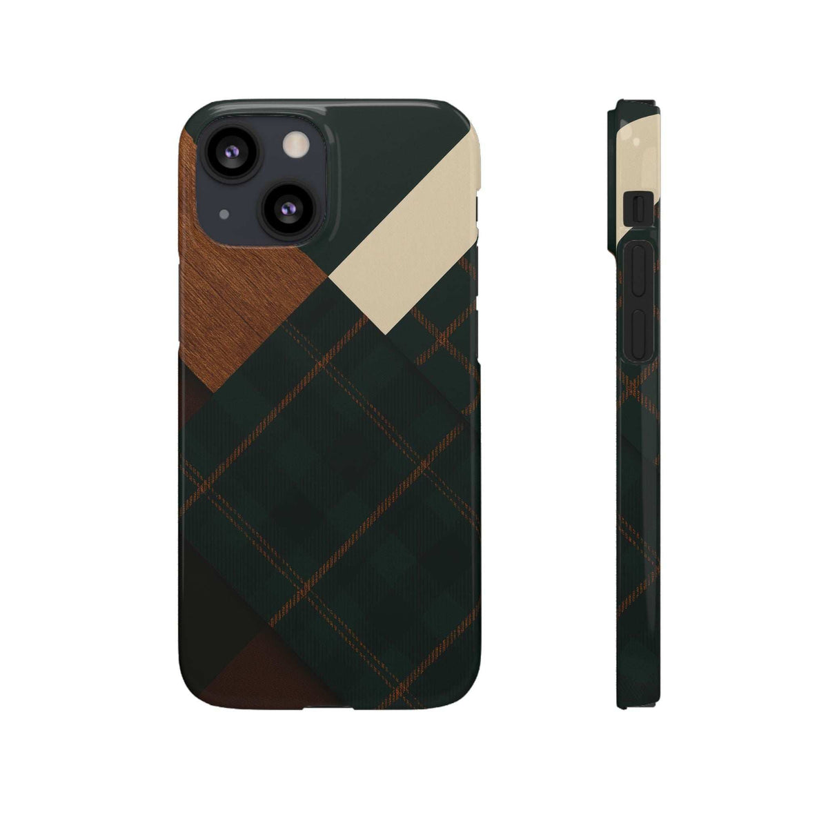 Dark green phone case with tan patch and plaid pattern; camera bump area shown.