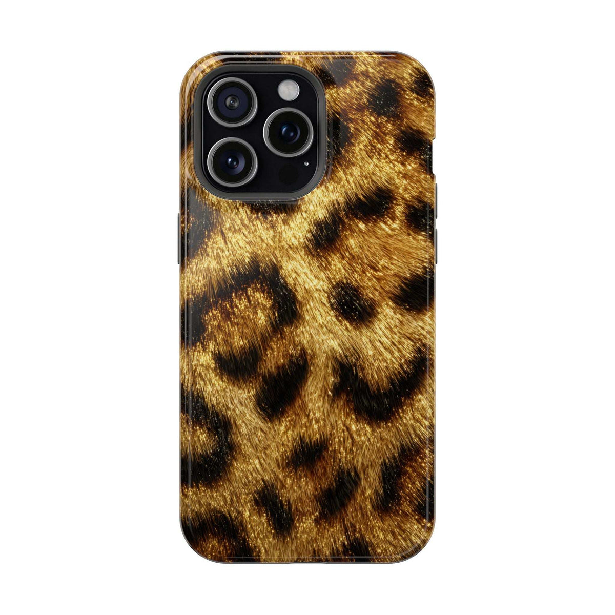 Glossy leopard print phone case featuring gold fur-like texture and black spots.