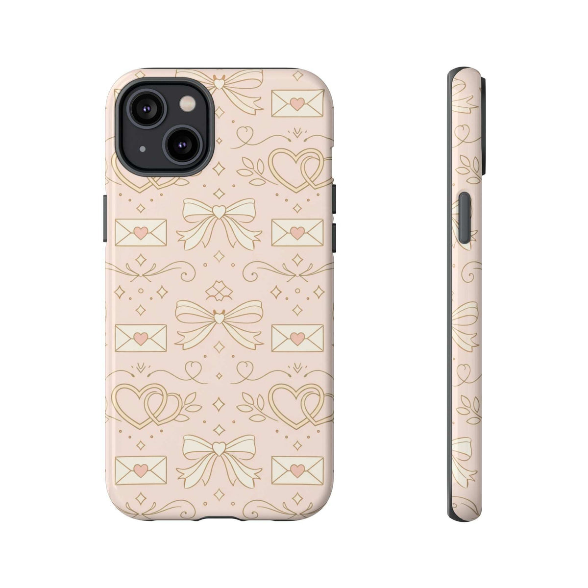 Pastel heart-and-letter tough phone case with multi-camera cutout and raised edges