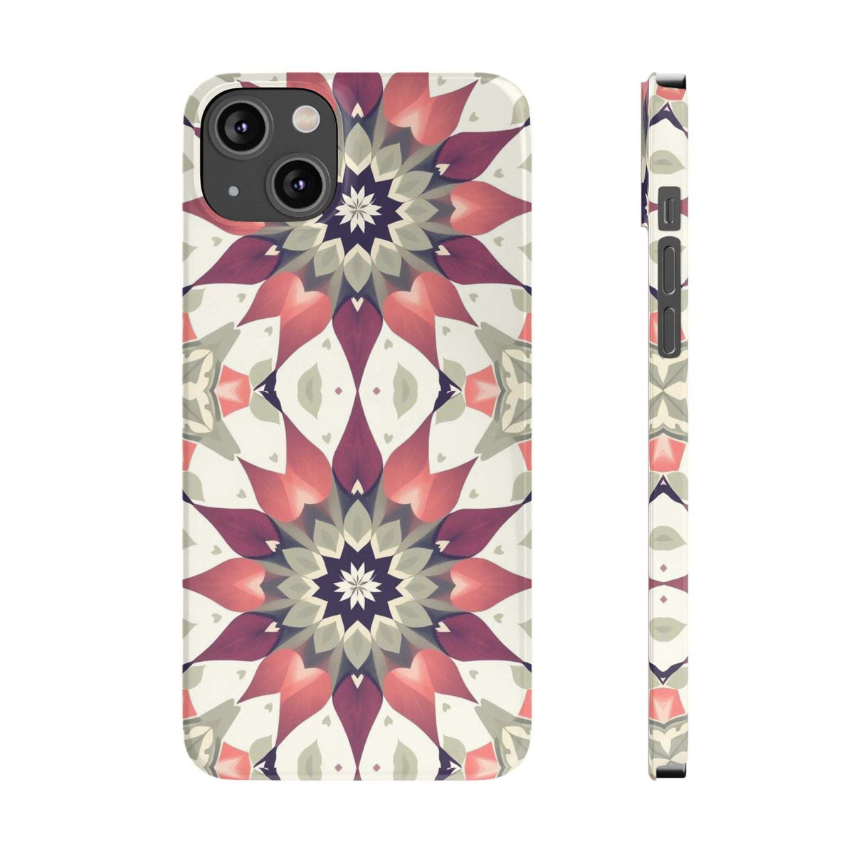 Smartphone phone case front view with burgundy floral mandala medallion and side profile