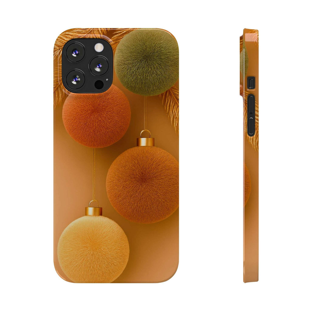 Phone case for iPhone 11-17 with fuzzy pom-pom ornaments in orange and green