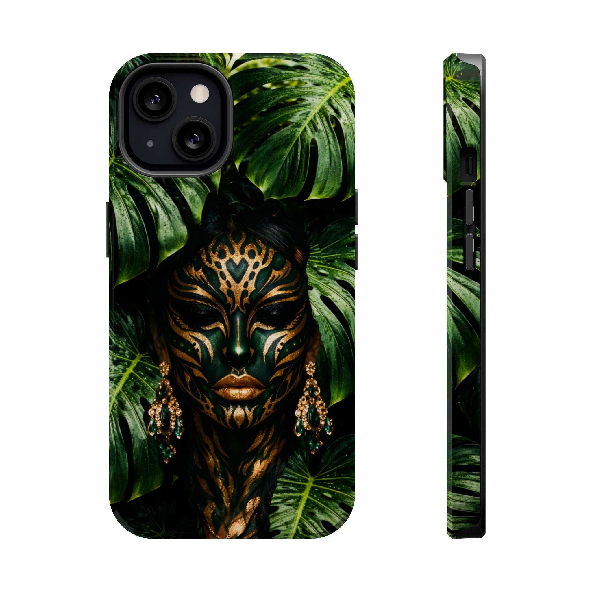 Front and side view of jungle-themed phone case with gold mask artwork