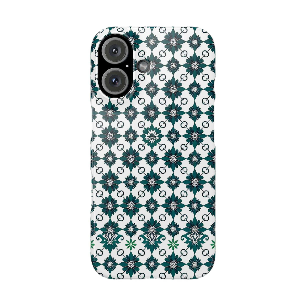 Teal floral geometric phone case on white with camera cutouts and glossy finish