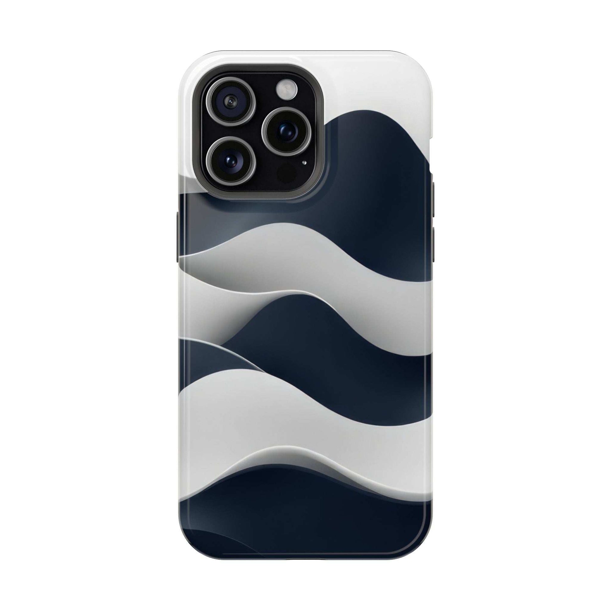Glossy phone case with navy and white wave pattern; multi-camera cutouts with protective rim