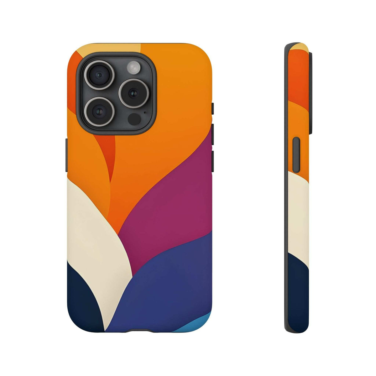 Phone case with abstract orange, magenta, navy and white design; rear view with camera bump