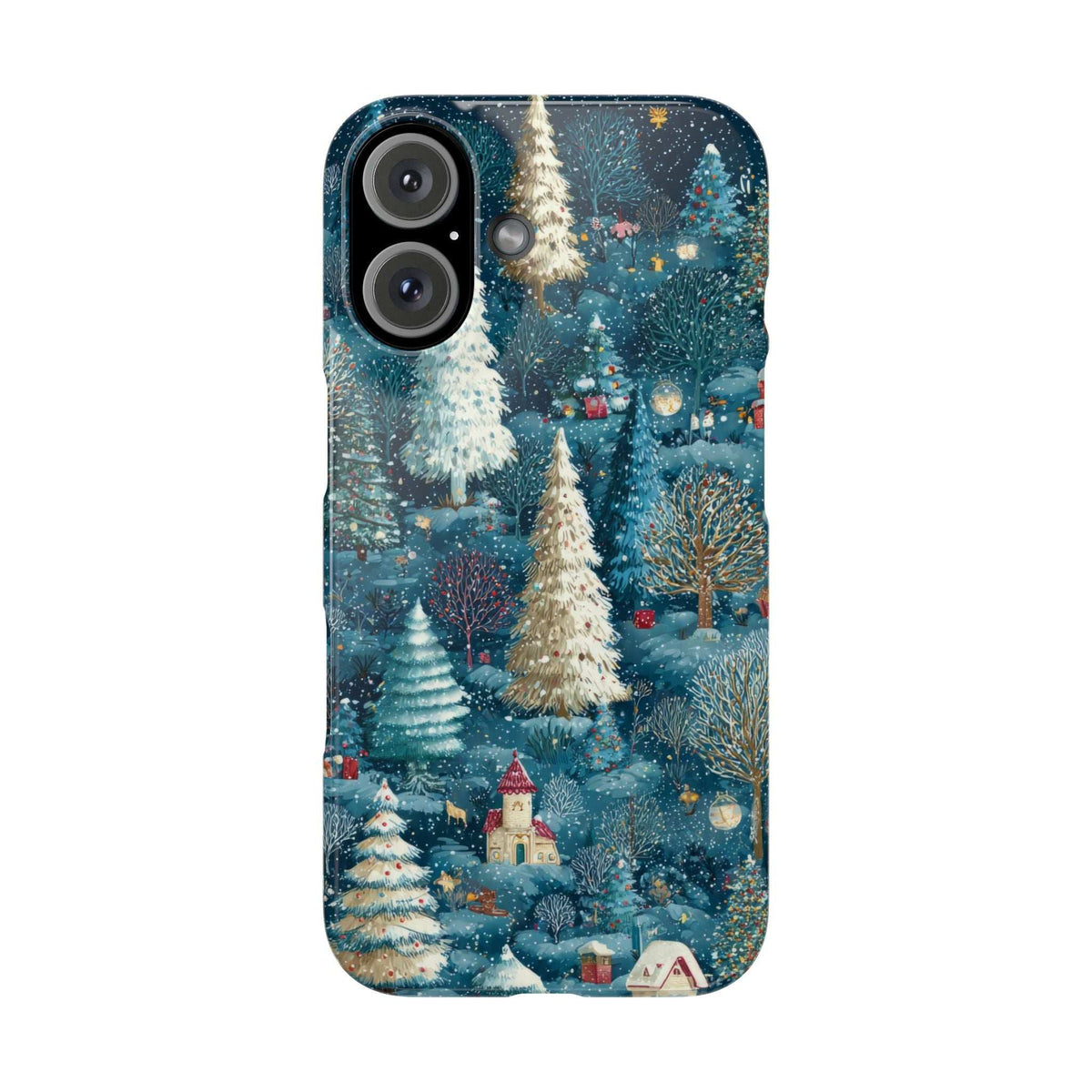 Frosty forest phone case with teal snowy trees and village cottage scene; front view only