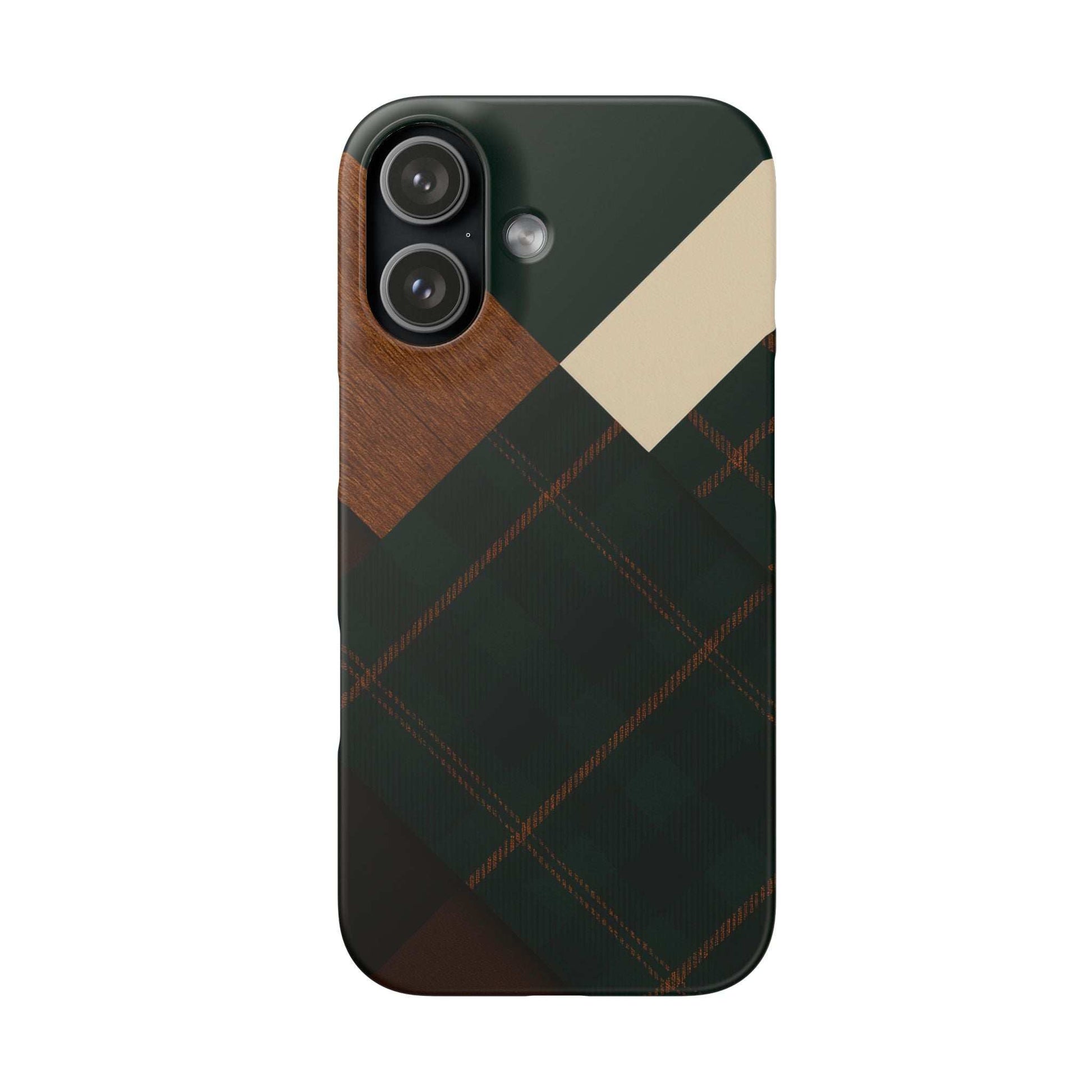 Phone case with dark green plaid and tan diamond accents, with dual camera cutouts