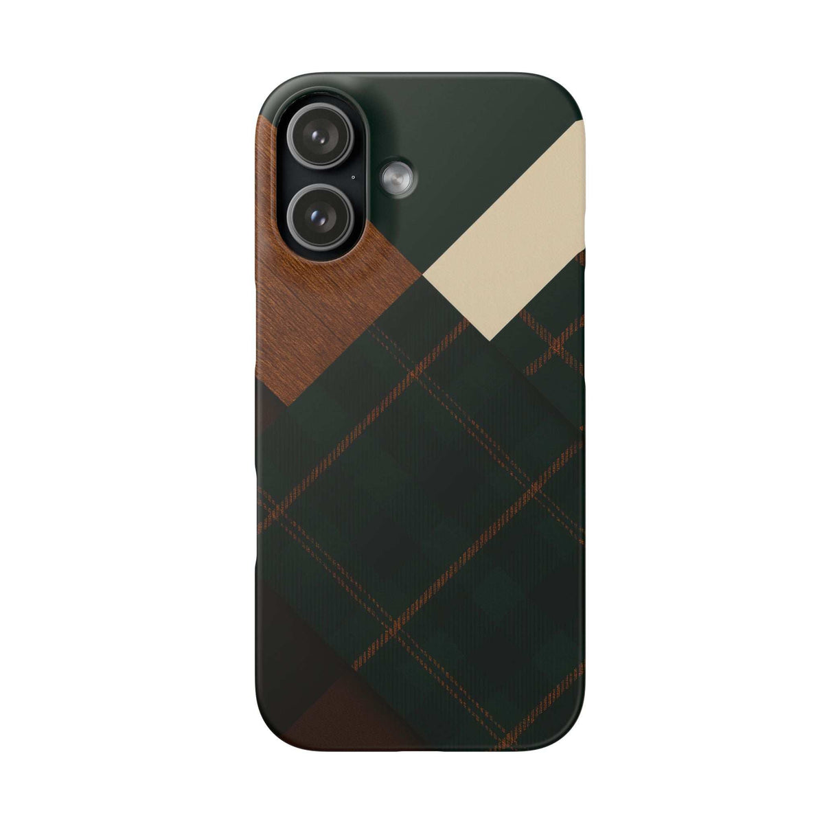 Phone case with dark green plaid and tan diamond accents, with dual camera cutouts