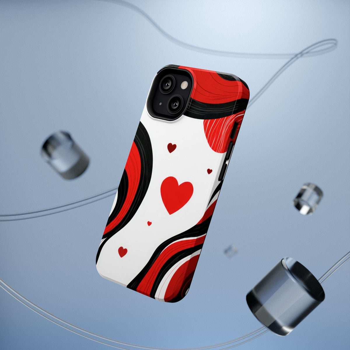 Red, black and white phone case with heart and swirl pattern; dual camera cutouts