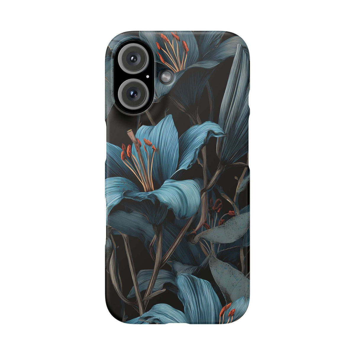 Blue lily floral phone case, back view with blue foliage pattern over dark base