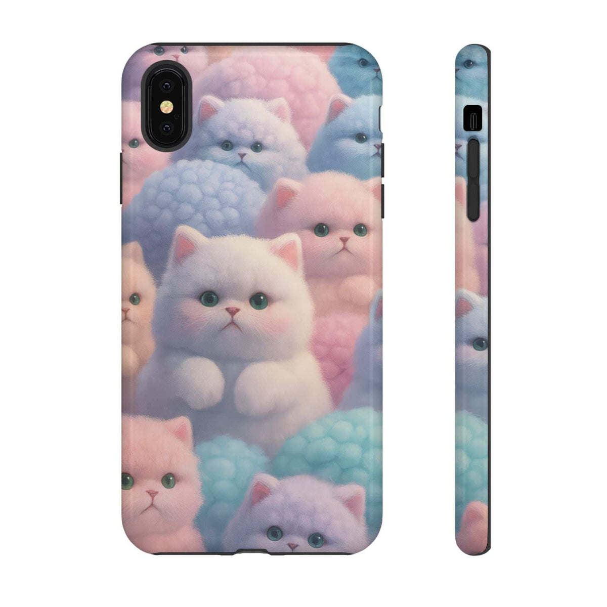 Glossy pastel kitten phone case with kitten collage, front view with camera and side profile