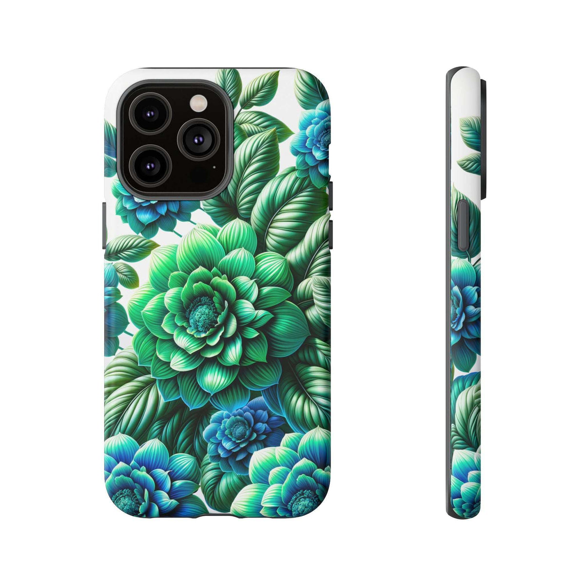 Floral phone case with green and blue blossoms and leaf pattern; camera cutouts on back