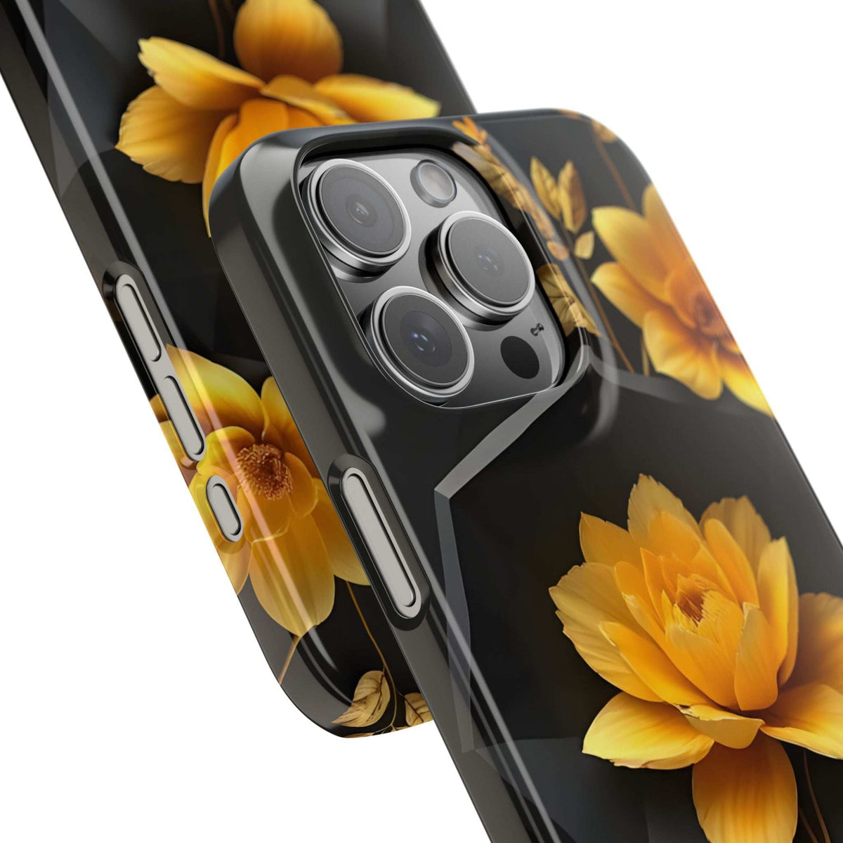 Yellow floral phone case with black background, raised camera cutout and buttons
