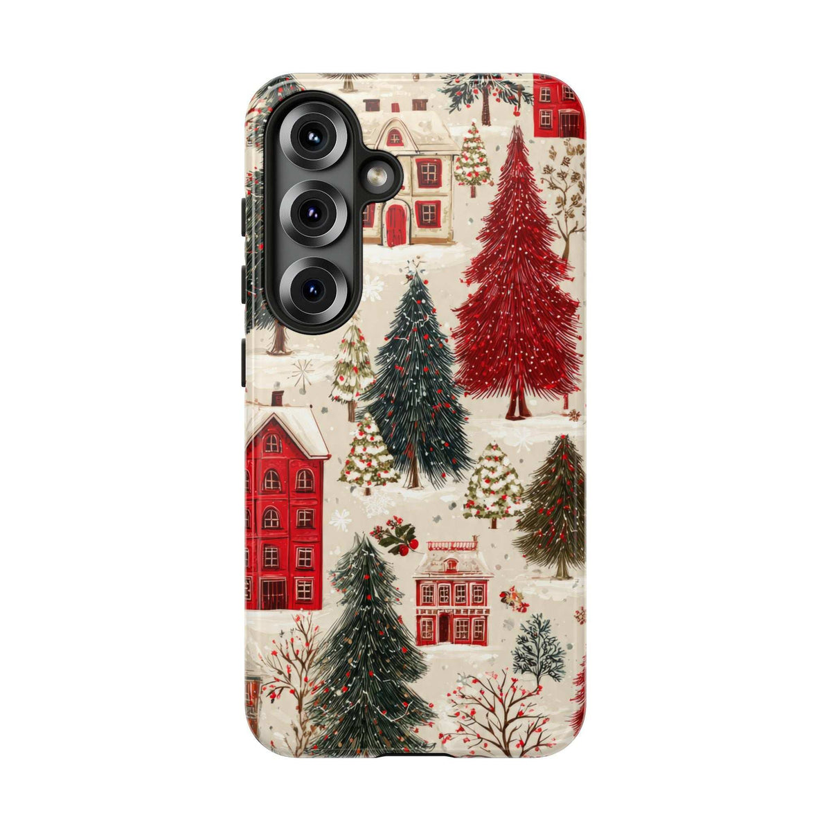 Phone case back with winter village design; close-up camera area and red houses with pine trees
