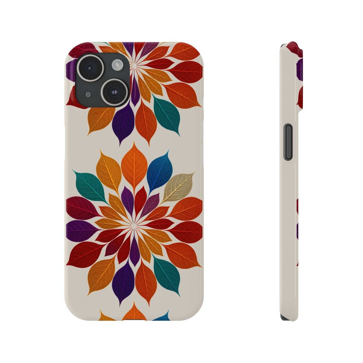 Leaf mandala phone case with multicolor floral leaves design and camera cutouts
