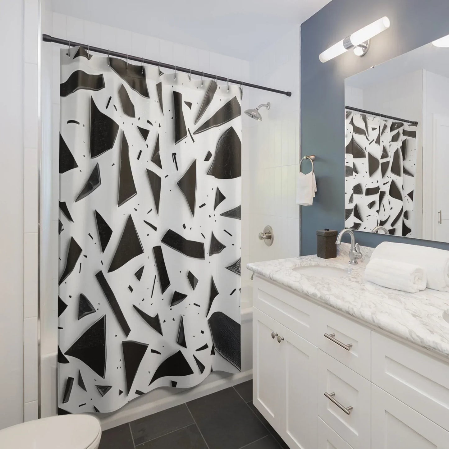 Geometric Shower Curtain - Black & White Abstract Design, Waterproof Fabric - KarArmDesign