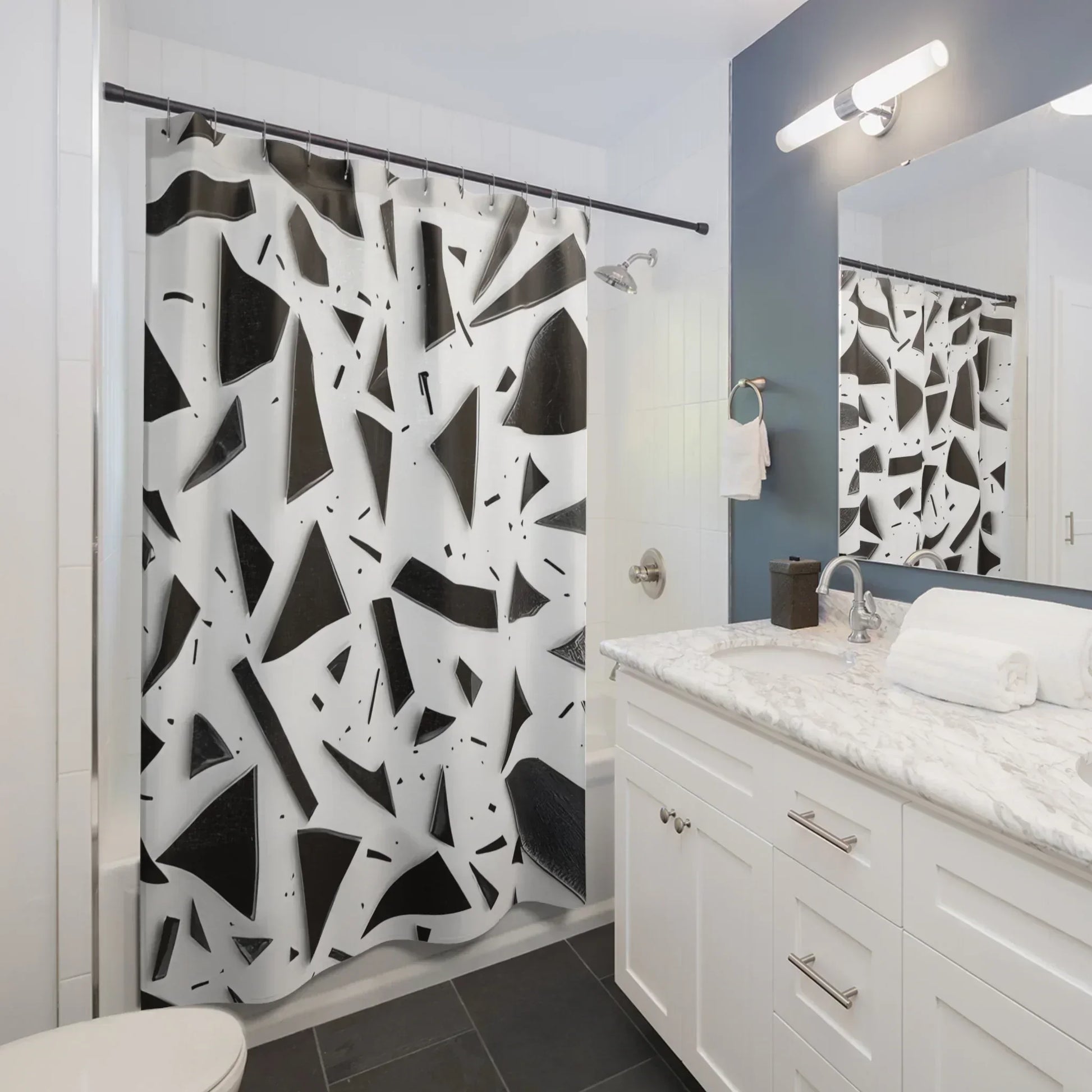 Geometric Shower Curtain - Black & White Abstract Design, Waterproof Fabric - KarArmDesign