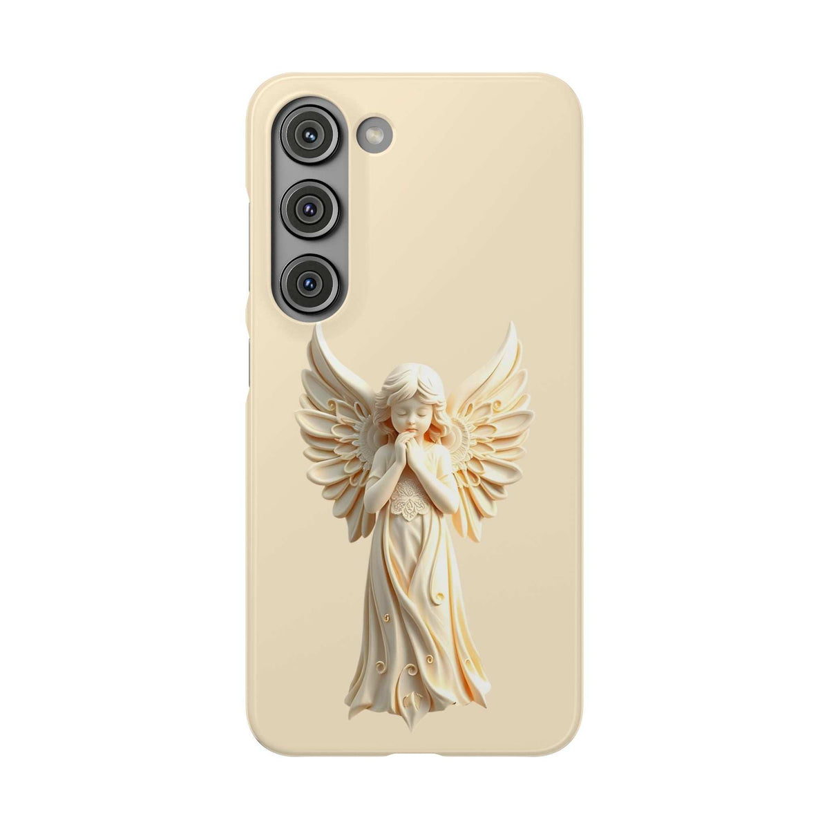 Cream phone case with a raised angel-and-wings design and camera cutouts along the left edge.