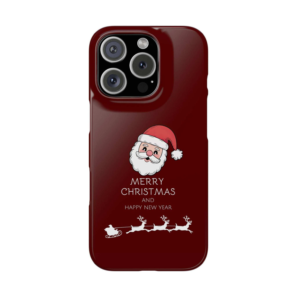 Glossy deep red phone case with Santa graphic, “MERRY CHRISTMAS” text, and triple camera.