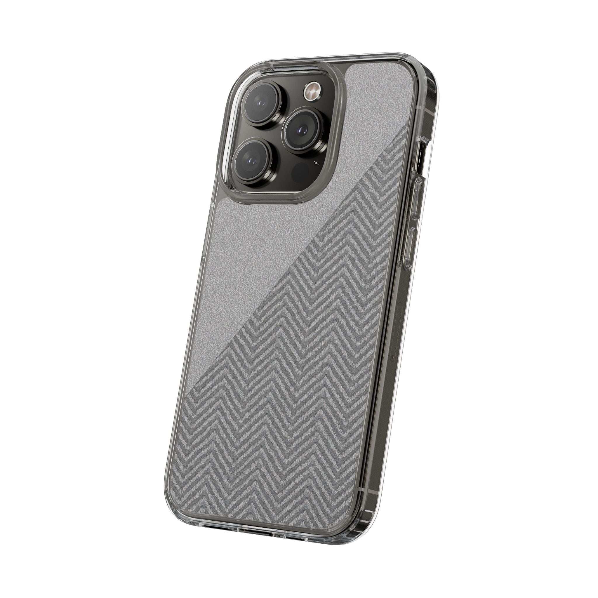 Dark herringbone tough phone case with clear corners and camera cutouts