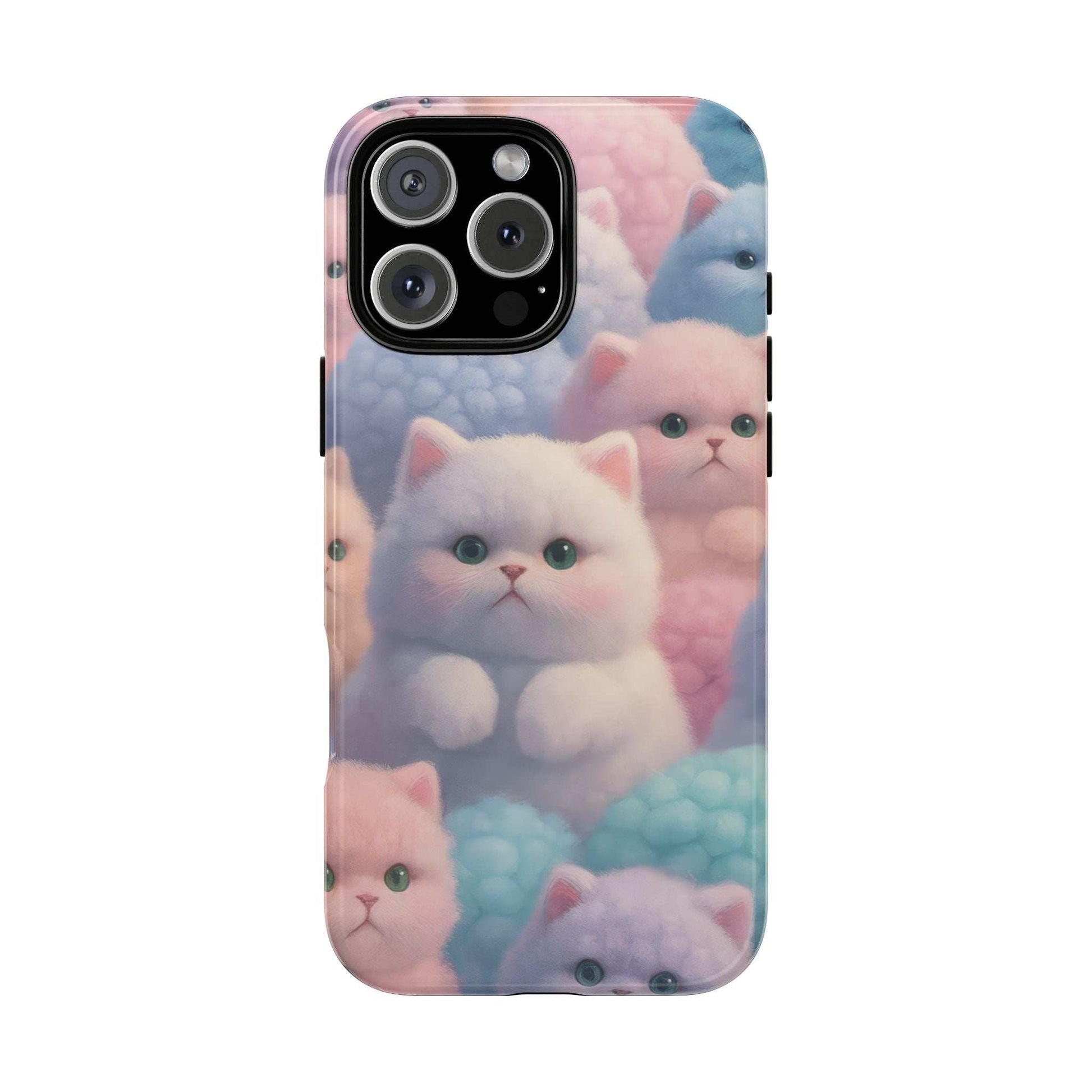 Glossy phone case with pastel kitten design and multi-camera window