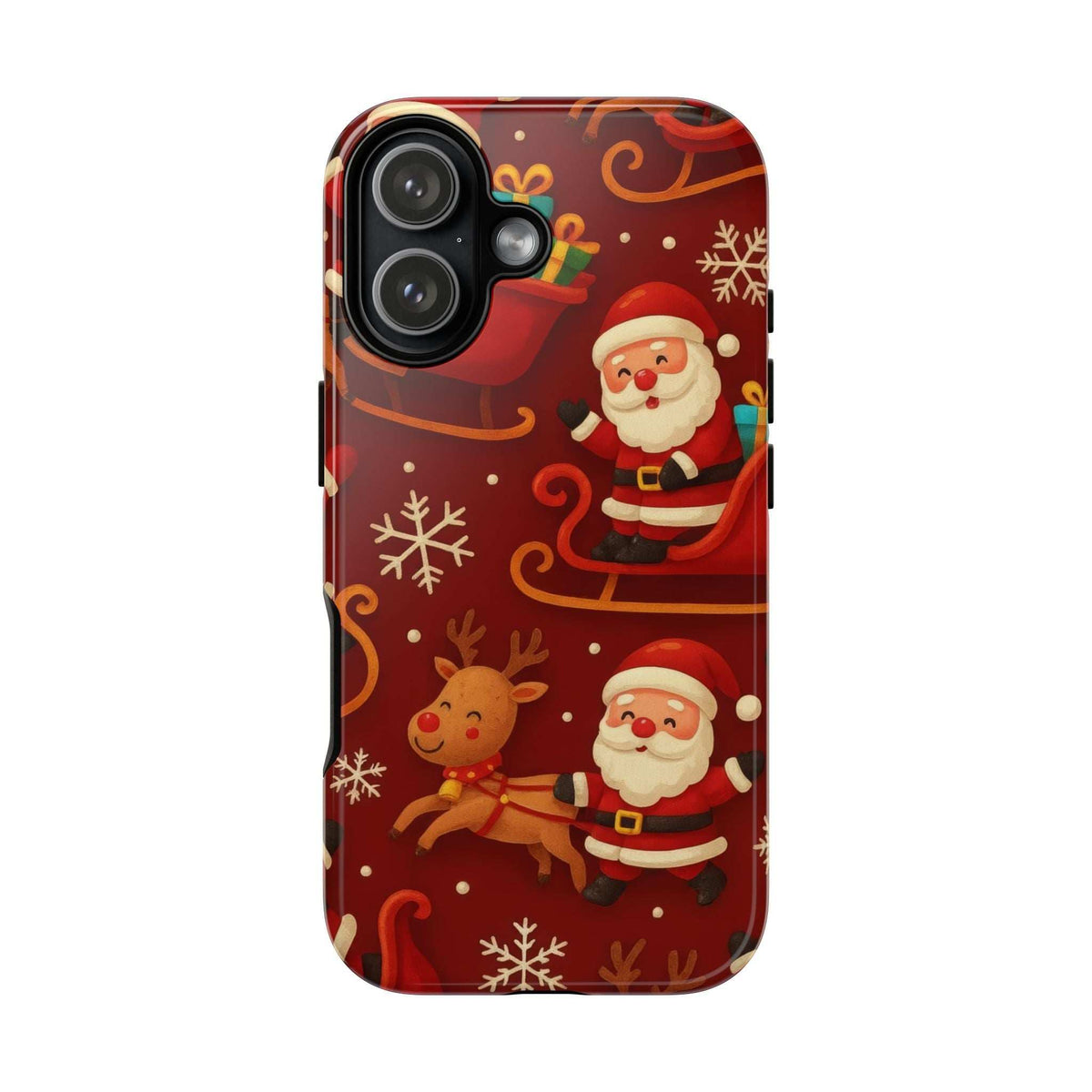 Glossy Santa and reindeer sleigh pattern phone case, triple camera cutout and side buttons