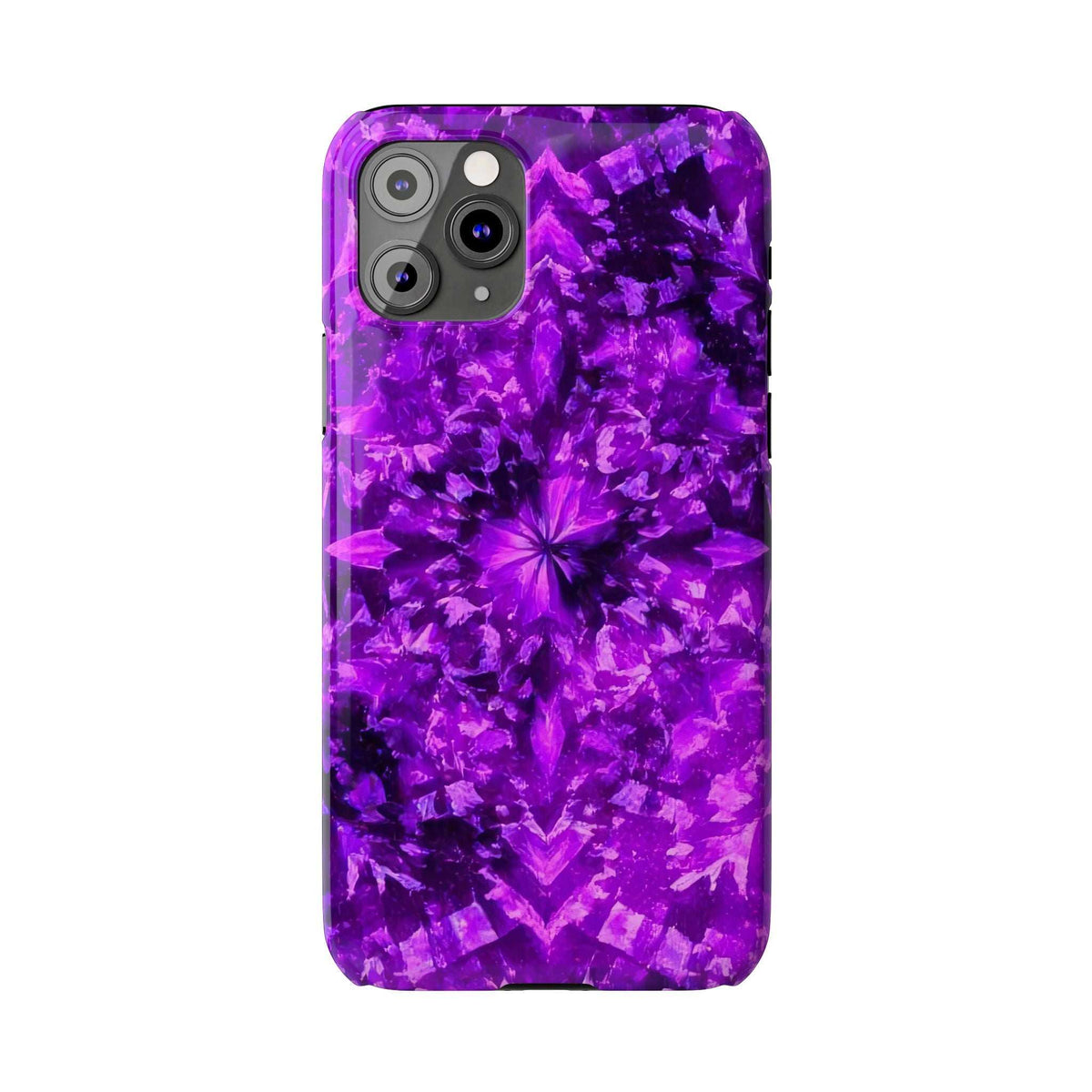 Purple kaleidoscope iPhone case front view with dual camera cutouts