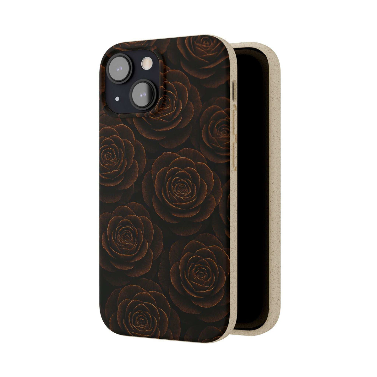 Wooden rose phone case with dark rose pattern and beige inner frame