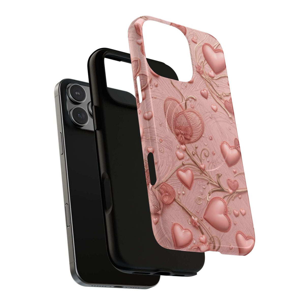 Pink heart-pattern phone case with embossed-style details, aligned camera and speaker openings