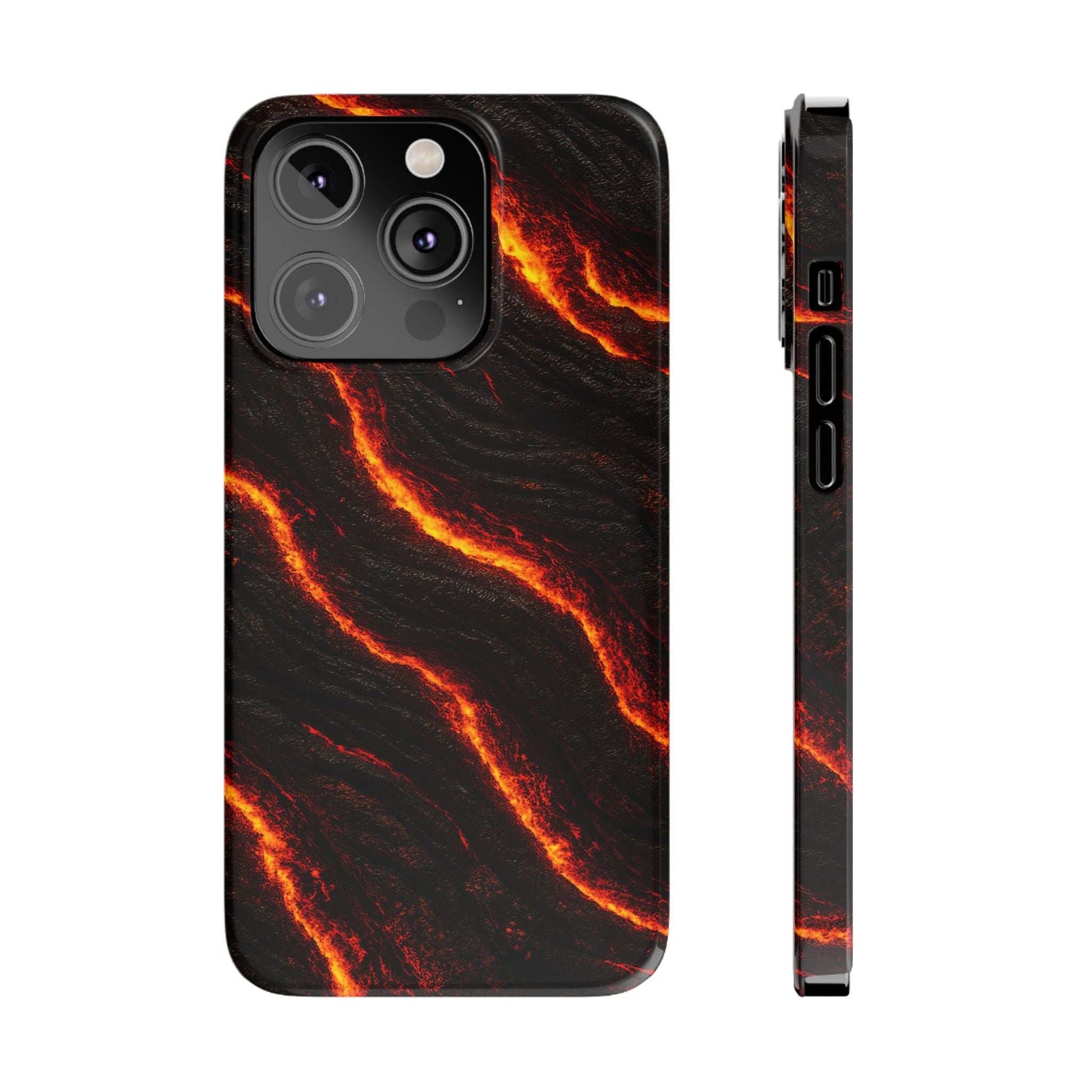 Black iPhone case with orange lava wave print; camera cutouts and side button openings.