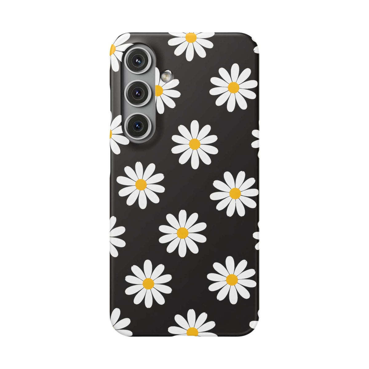 Black phone case featuring white daisies with yellow centers and raised camera bump cutout.