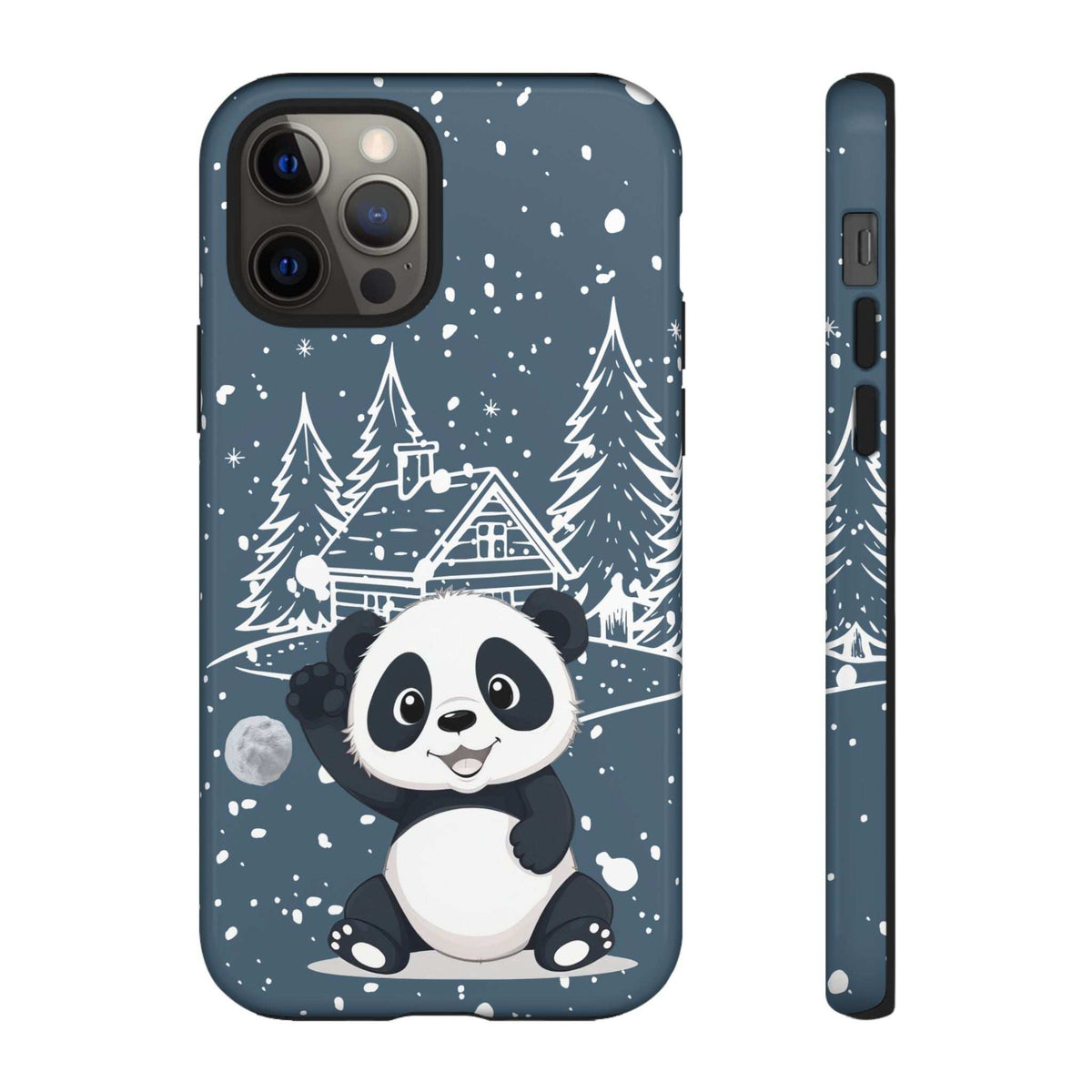 Dark blue phone case showing a panda in a winter cabin scene, camera cutouts included.