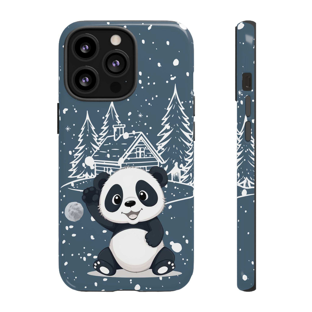 Dark blue panda winter phone case with snowy trees, house, and falling snow