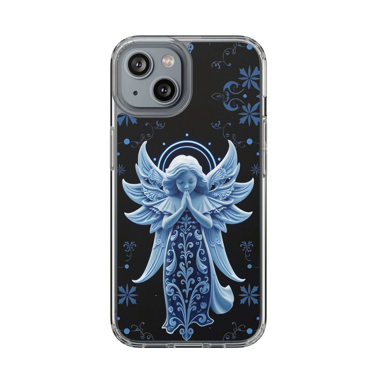 Clear phone case with blue angel praying design and decorative floral corner motifs