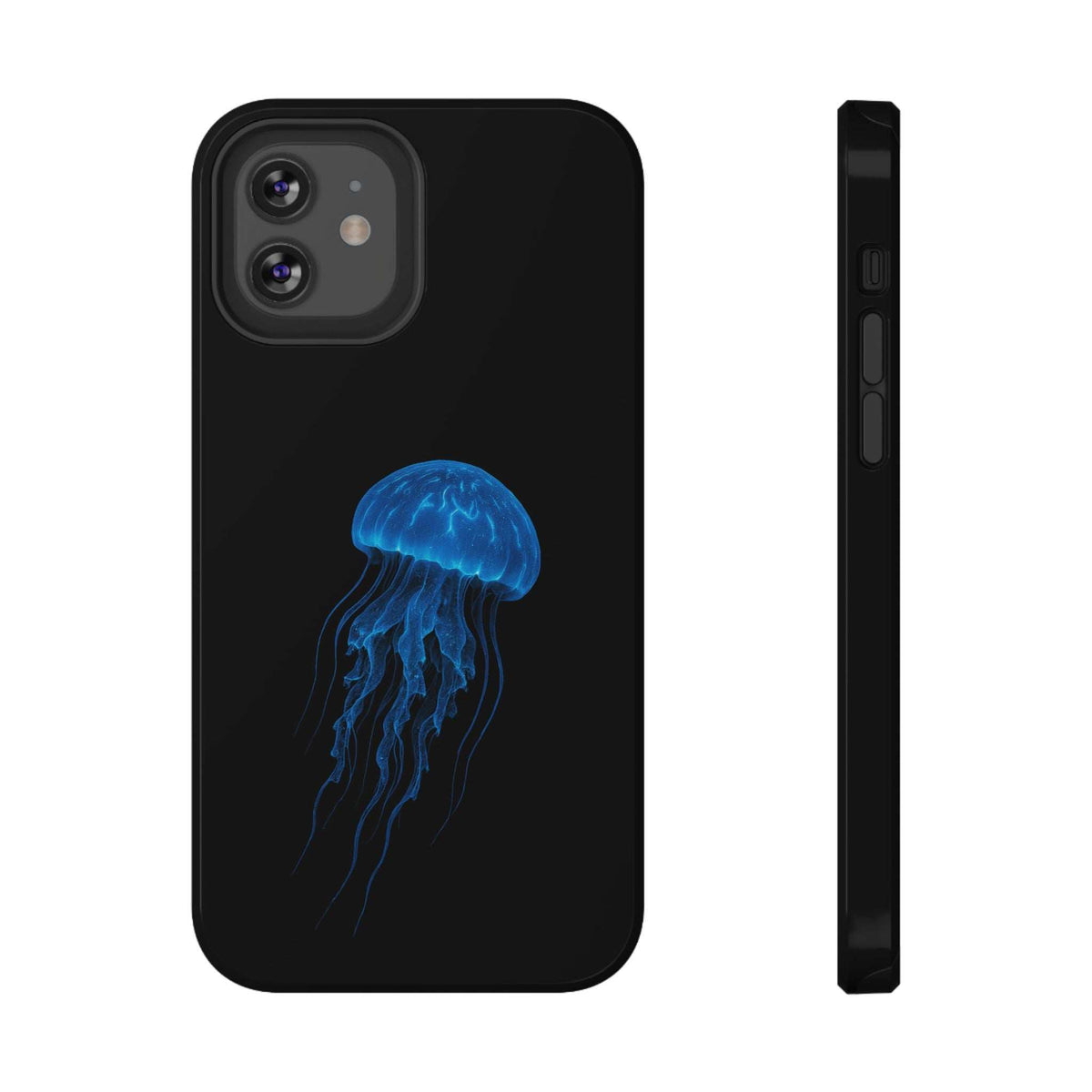 Black phone case with blue jellyfish graphic, side view shows button openings