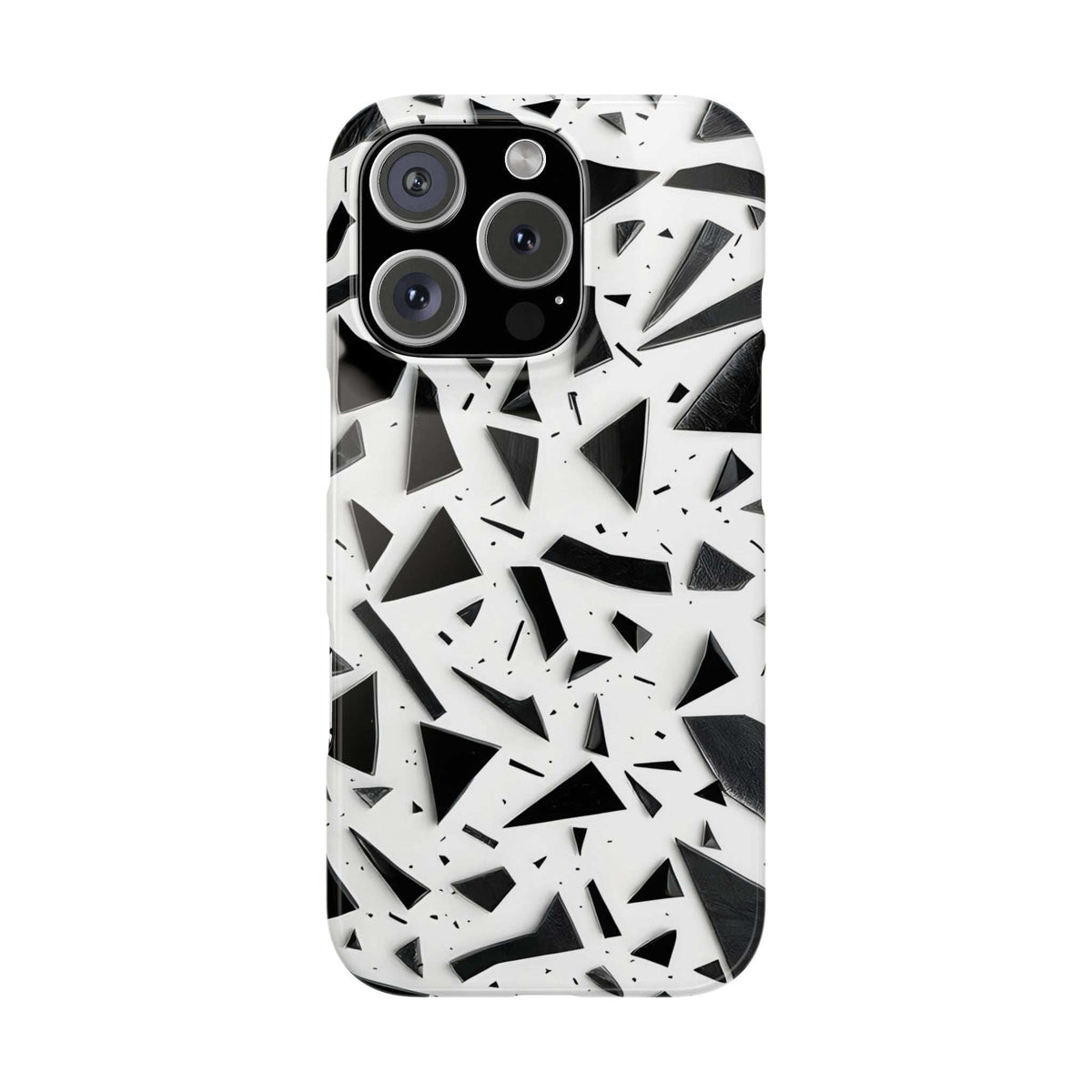 Slim iPhone phone case in white with abstract black geometric pattern, camera cutouts.