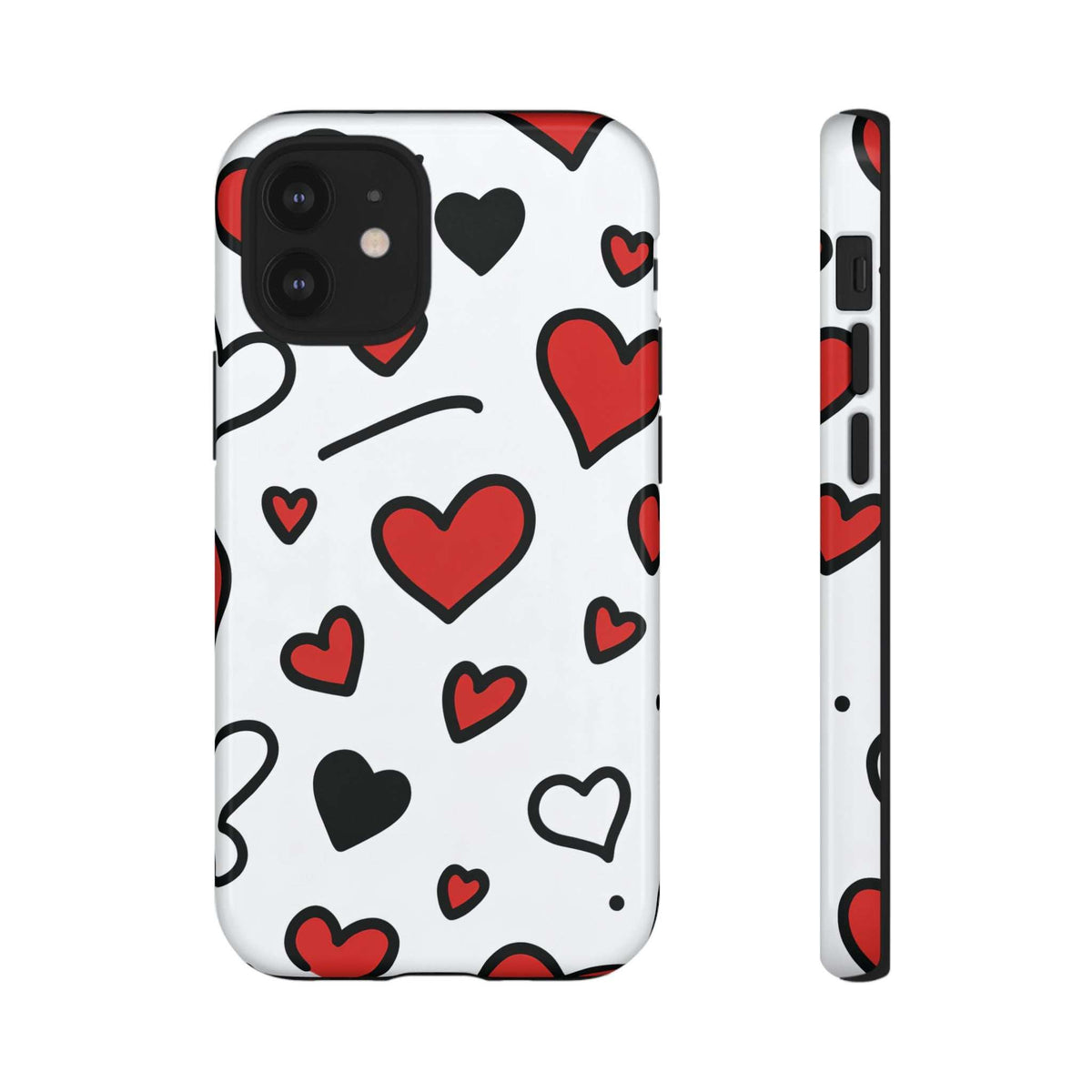 White phone case with scattered hearts; front camera and side button openings shown.