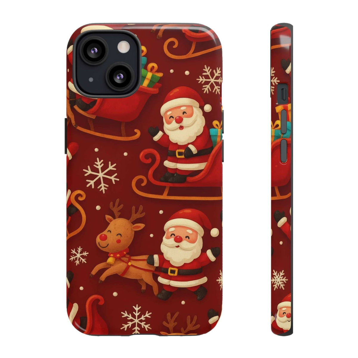 Glossy red Santa sleigh ride phone case with Santa, reindeer, snowflakes; side button cutouts.