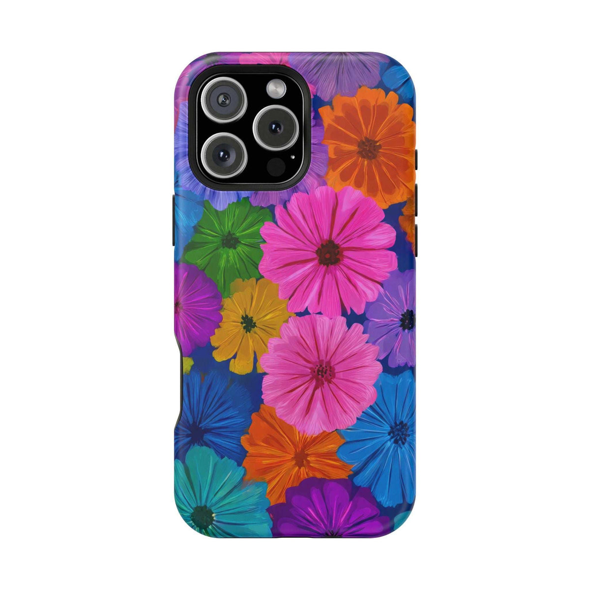 Colorful floral phone case with three camera lenses and flash hole on black module