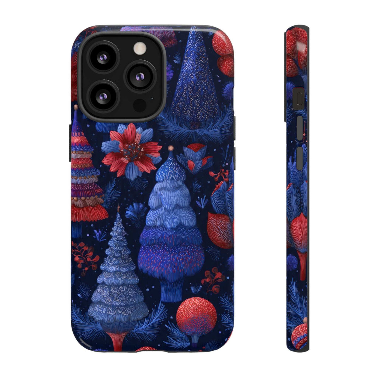 Glossy midnight blue forest phone case with red flower and ornaments; side buttons visible.