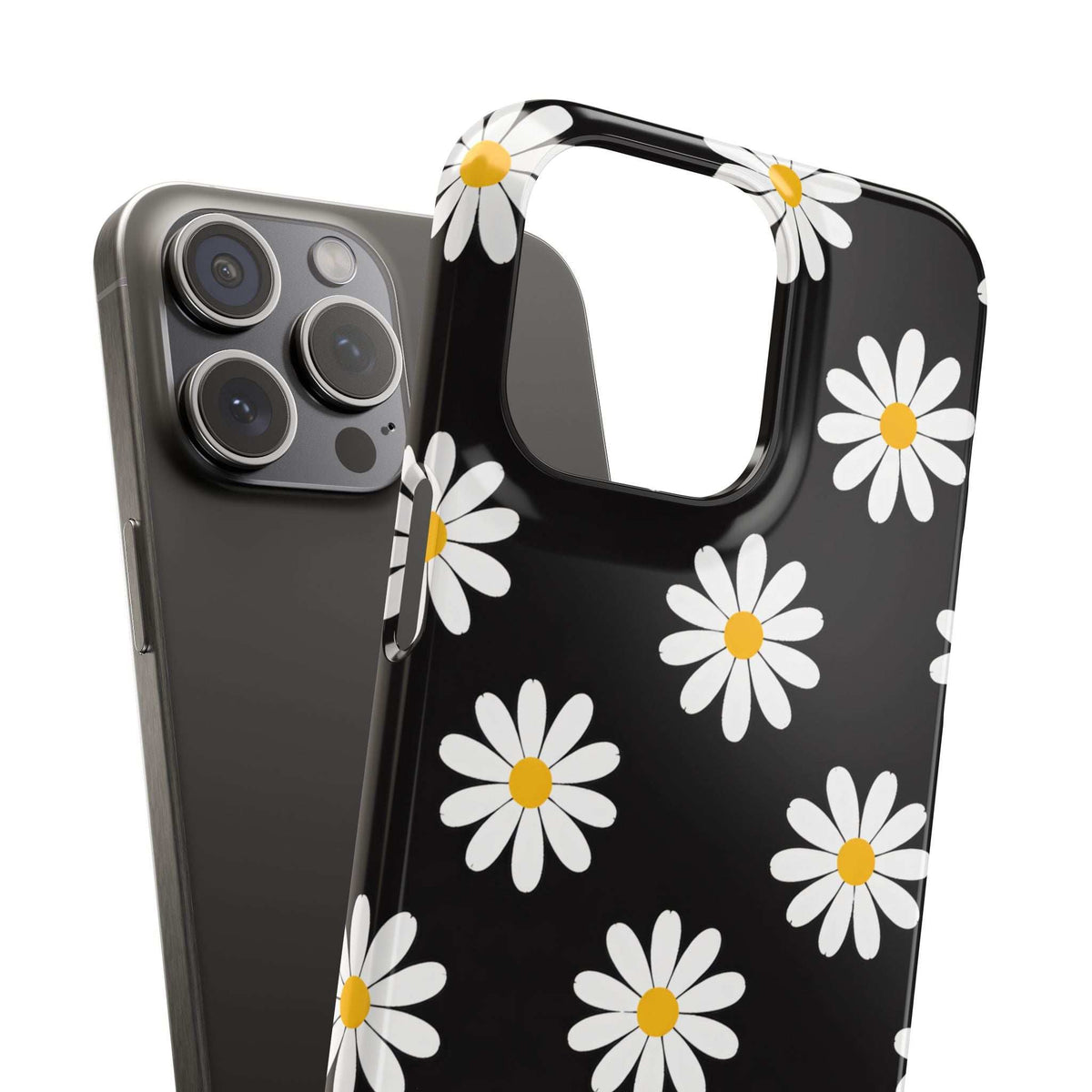 Daisy charm phone case with black background, white flowers with yellow centers, camera cutouts.