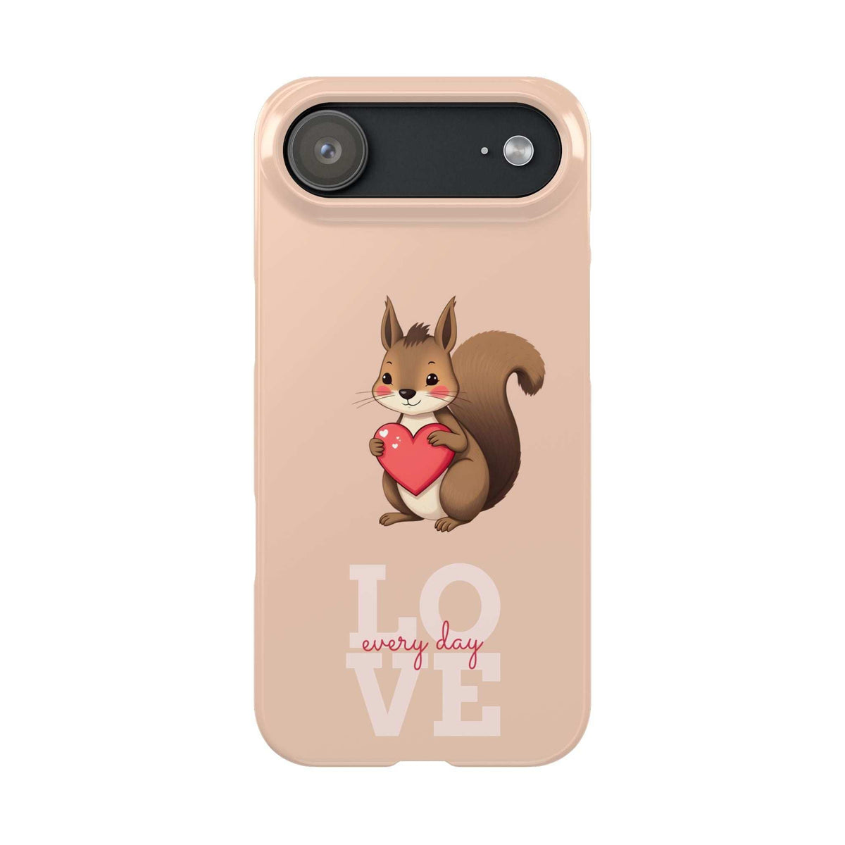 Beige phone case with squirrel holding a red heart; top pill camera cutout and LOVE.