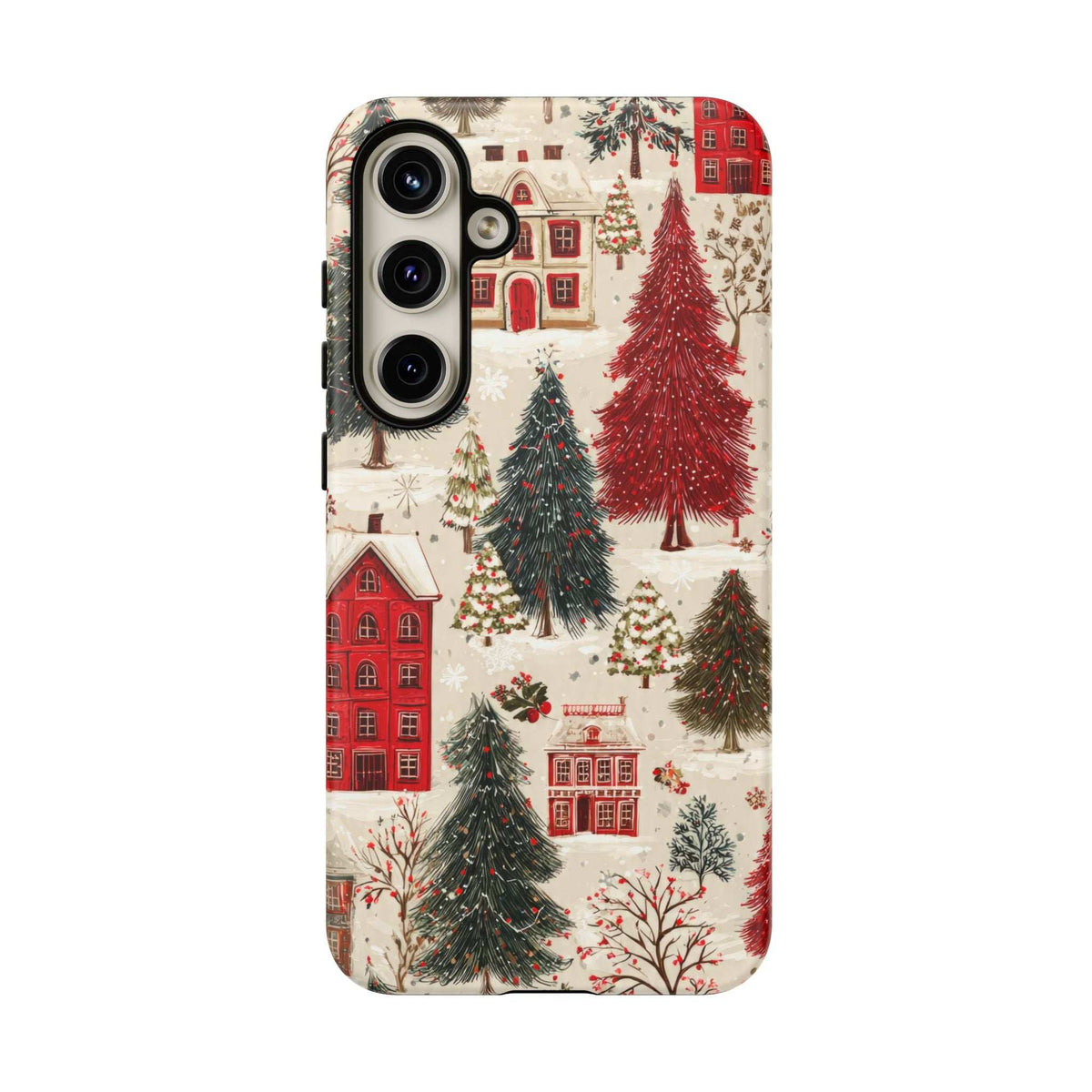 Winter village phone case with red buildings and snowy pine trees; side profile with button openings
