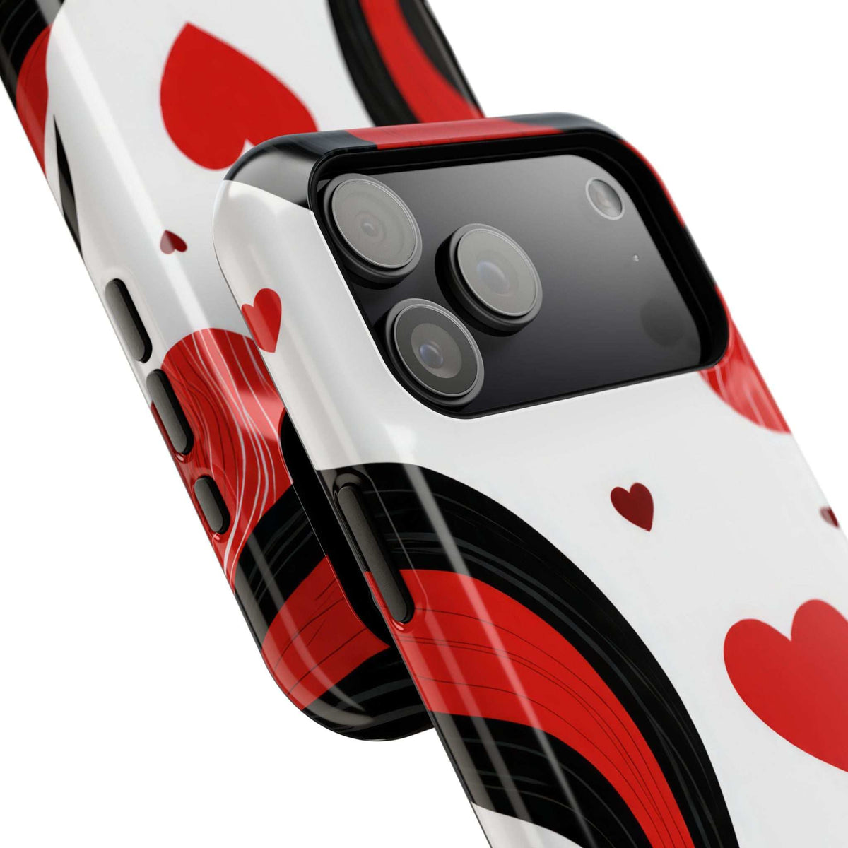 Close-up glossy phone case with camera cutout showing red heart pattern on white