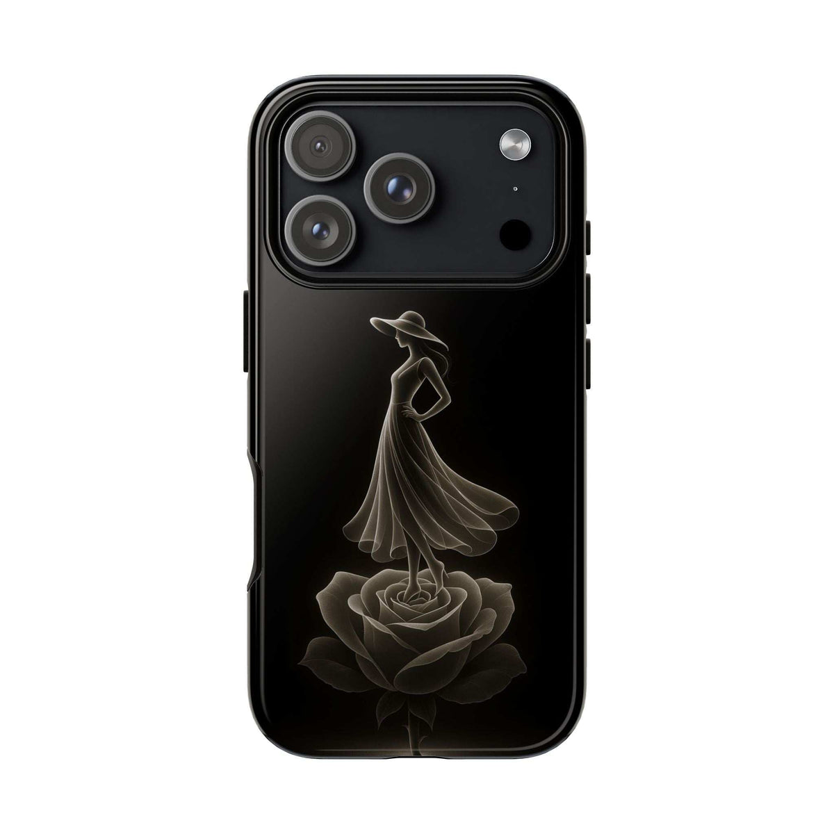 Glossy black phone case with ballet dancer and rose artwork, raised camera openings.