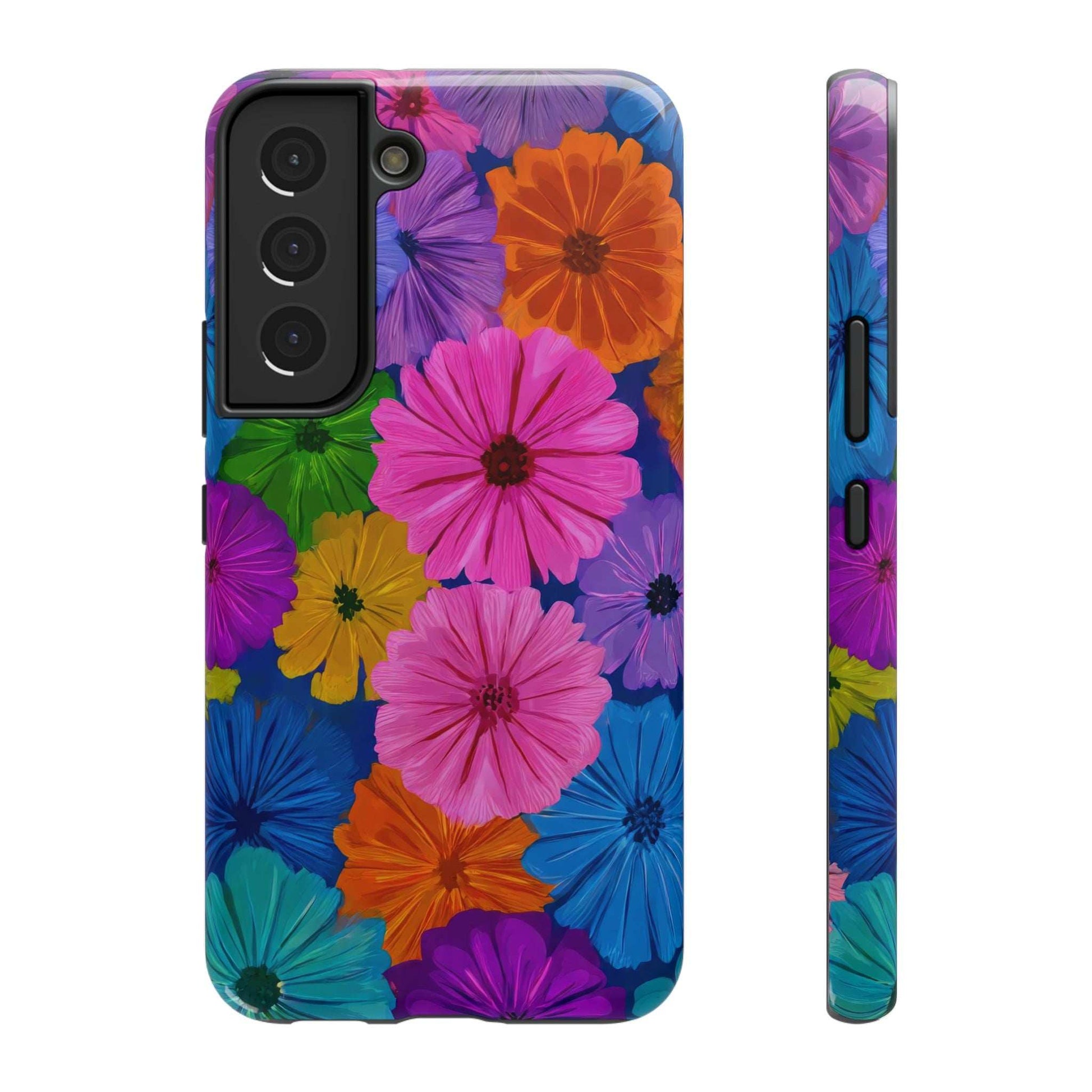 Multicolor floral phone case with black camera cutout, angled back view